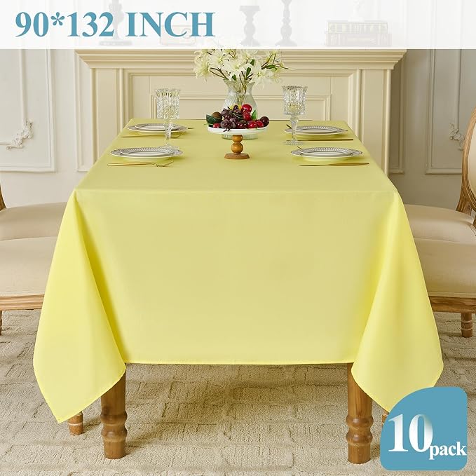 VidaFete Tablecloth 10 Pack 90 * 132inch Rectangle Table Cloth Polyester, Stain Wrinkle Resistant Polyester Dining Table Cover for Kitchen Dinning Party Wedding Rectangular Buffet Decoration(Yellow)