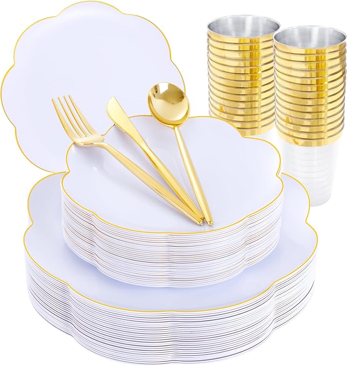 ejonirinjonir EI 180pcs White Plastic Plates with Gold Plastic Silverware,Heavy-Duty Disposable Plates for Party,White Dinnerware Set for 30 Guest Wedding,Birthday,Spring Afternoon Tea