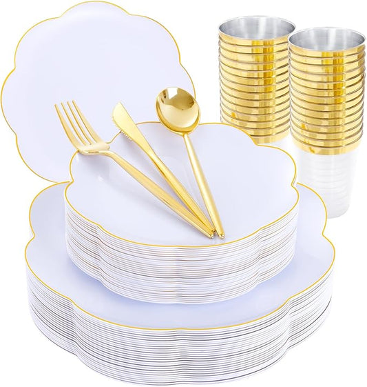 ejonirinjonir EI 180pcs White Plastic Plates with Gold Plastic Silverware,Heavy-Duty Disposable Plates for Party,White Dinnerware Set for 30 Guest Wedding,Birthday,Spring Afternoon Tea