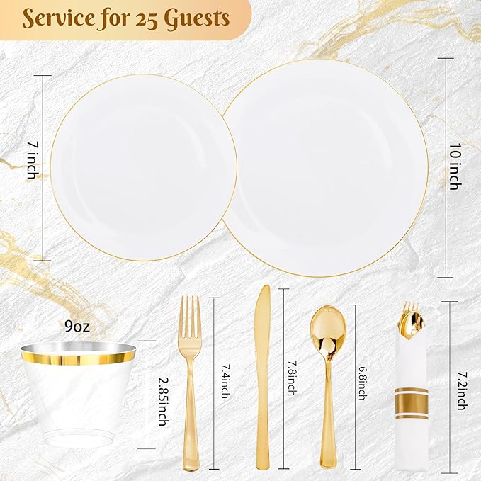 KIRE 175PCS Gold Plates Disposable - Heavy Duty White and Gold Plastic Plates Dinnerware Sets - 25 for Dinner 25 for Dessert 25 Pre Rolled Napkins and 25 Cups for Birthday/Ramadan/Wedding/Mother's Day