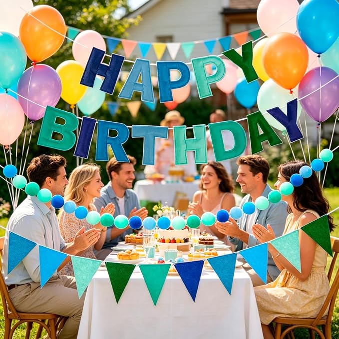 Pre-Strung 3D Happy Birthday Banner, 3 PCS Felt Reusable Birthday Decorations Set with Happy Birthday Letter Banners, Pom Pom Garland, Triangle Fabric Bunting, Blue Green Party Decor Sign Photo Prop