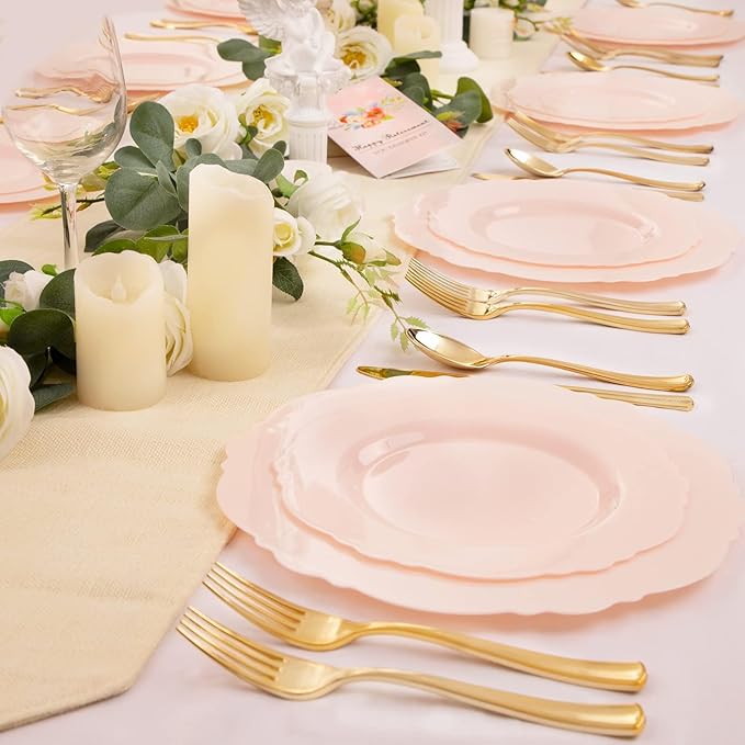 WDF 60pcs Pink Plastic Plates - Baroque Pink Disposable Plates Including 30 Dinner Plates 10.25inch, 30 Dessert Plates 7.5inch for Upscale Wedding/Baby Shower/Spring/Mother's Day