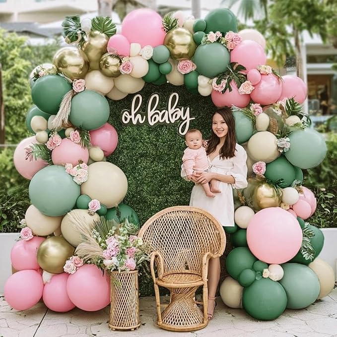 Sage Green Pink Balloon Arch Kit Double Stuffed Dusty Green Pastel Pink White Sand Gold Balloon Garland Light Olive Cream Balloons for Baby Shower Birthday Wedding Spring Wildflower Fairy Party Decor
