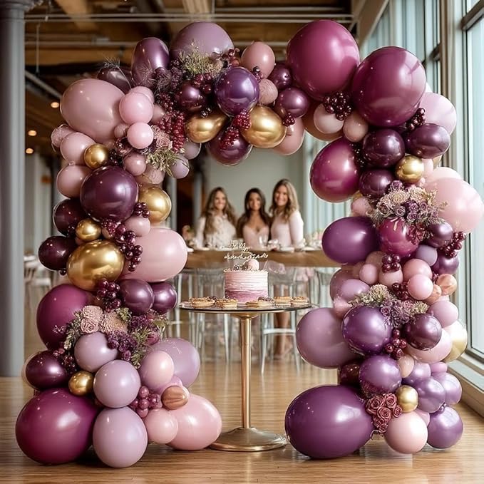 Dark Purple Pink Balloon Garland Double Stuffed Plum Mauve Burgundy Gold Balloon Arch Kit Dusty Pink Lavender Balloons for Birthday Bridal Shower Wedding Mother's Day Anniversary Party Decorations