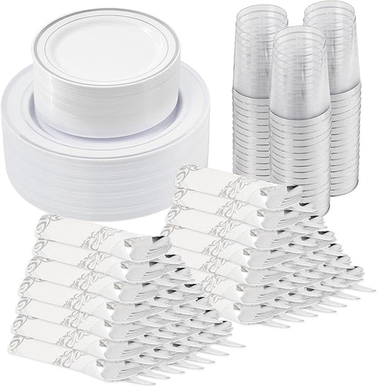 Fijinhom 350 Pieces Silver Disposable Plates for 50 Guests, Disposable Plastic Plates for Party, Wedding, Dinnerware Set of 50 Dinner Plate, 50 Salad Plate,50 Cups and 50 Paper Napkins, Silver