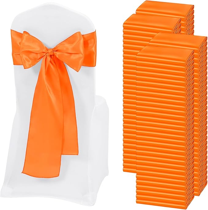 120 PCS Orange Satin Chair Sashes, Ties Bows Designed Chairs Decorative, Chair Cover Sashes for Thanksgiving Wedding Christmas Banquet Party Home Kitchen Decoration (7 x 108 inch)