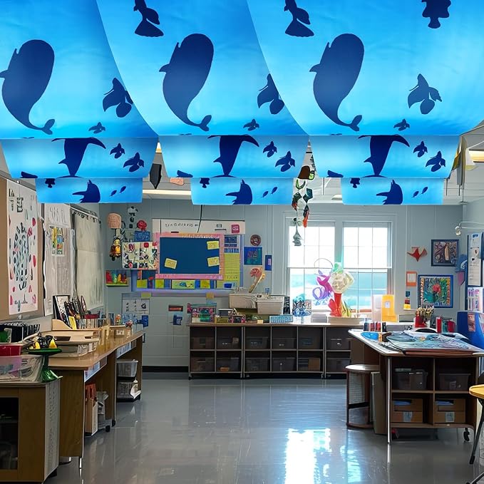 VioraWhite 3 Pcs 24 Inch x 12 ft Under The Ocean Classroom Ceiling Decorations Summer Whale Birthday Party Decorations Shark Banners Sea Ceiling Covers for Preschool Kindergarden Daycare Classroom
