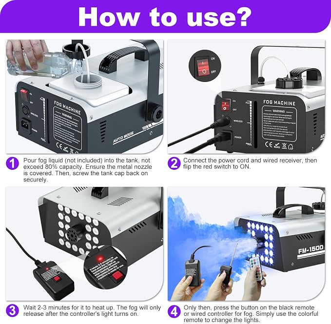 Fog Machine Halloween Outdoor Indoor, 1500W Smoke Machine Fog with 24 LEDs Strobe Lights and Remote for DJ Party Disco Stage Wedding
