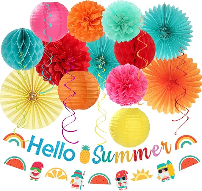 Summer Luau Hawaiian-Beach Party-Decorations Supplies - 21pcs Hello Banner,Pool Paper Lanterns Honeycomb,Hanging Streamers Garland,Tissue Pom Poms Flowers Fans,Tropical Outdoor Theme Decor Burgleda