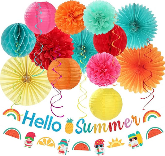 Summer Luau Hawaiian-Beach Party-Decorations Supplies - 21pcs Hello Banner,Pool Paper Lanterns Honeycomb,Hanging Streamers Garland,Tissue Pom Poms Flowers Fans,Tropical Outdoor Theme Decor Burgleda