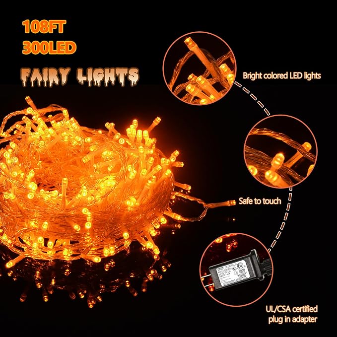 300 Led Orange String Lights Outdoor Halloween Decorations, 108 Ft Thanksgiving Decor Lights 8 Modes Fairy Lights for Bedroom Yard Room Decor