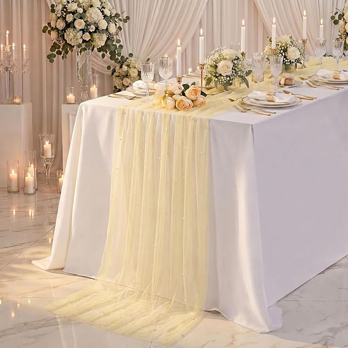 Pearl Gauze Table Runner Tulle Fabric: 10ft Seasonal Dessert Chiffon Pearl Lace Boho Overlay Wedding Veil Outdoor Wedding Aisle Runner Party Decorations Doilies, Light Yellow
