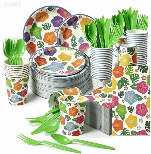Sinmoe 400 Pcs Summer Plates and Napkins Set Summer Paper Dinnerware Disposable Party Supplies for 50 Guest Dinnerware Knife Fork Spoon for Birthday Party (Colorful,Tropical)