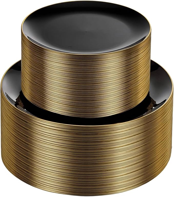 KIRE 100PCS Black and Gold Plates - Black Plastic Plates Disposable with Gold Rim Include 50Pcs 10.25inch Dinner Plate and 50Pcs 7.5inch Dessert/Salad Plate for Party/Wedding/Graduation/Father's Day