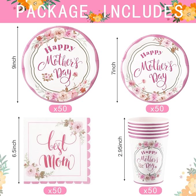 Jenaai 200 Pcs Mother's Day Tableware Set Serve for 50 Guests 9" Dinner Plates 7" Dessert Plates Paper Cups and Napkins Set for Happy Mother's Day Gifts Dinnerware Tableware Disposable Party Supplies