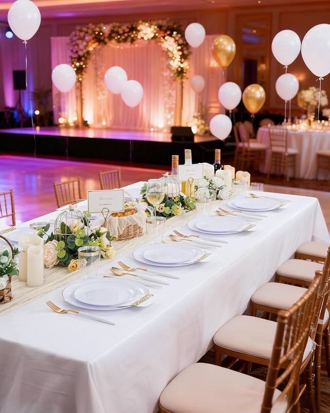 Supernal 350PCS White and Gold Plastic Dinnerware Set (Serves 50 Guests) - Extra Heavyweight Disposable Plates with Premium Two-Tone White Handle Gold Utensils, Cups, Napkins for Wedding