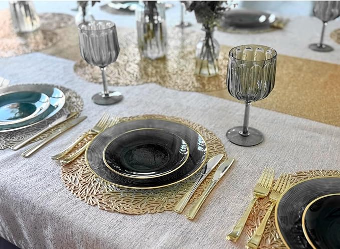 OCCASIONS 50 Black and Gold Plates for 25 Guests (Belize in Black & Gold) | China-Like Look, Fancy Heavy Duty Disposable Plastic Dinnerware Set, 10" Dinner & 7" Salad/Dessert, Wedding Party, BPA Free