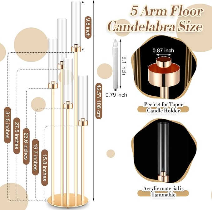 Tandefio 4 Sets Acrylic Candelabra Centerpieces 42.5" Tall Clear Candle Holders Pillar Taper Candlestick with Lampshades 5 Arm Floor Candelabra Stand for Wedding Christmas Ceremony Dinner Party