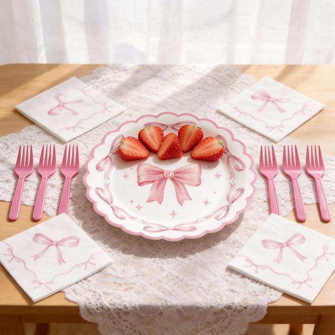 Pink Bow Party Supplies Set for 24 Guests, 96PCS Pink Disposable Tableware Set Includes Plates, Napkins & Forks, Aesthetic Baby Shower Birthday Bridal Shower Girl Party Decorations