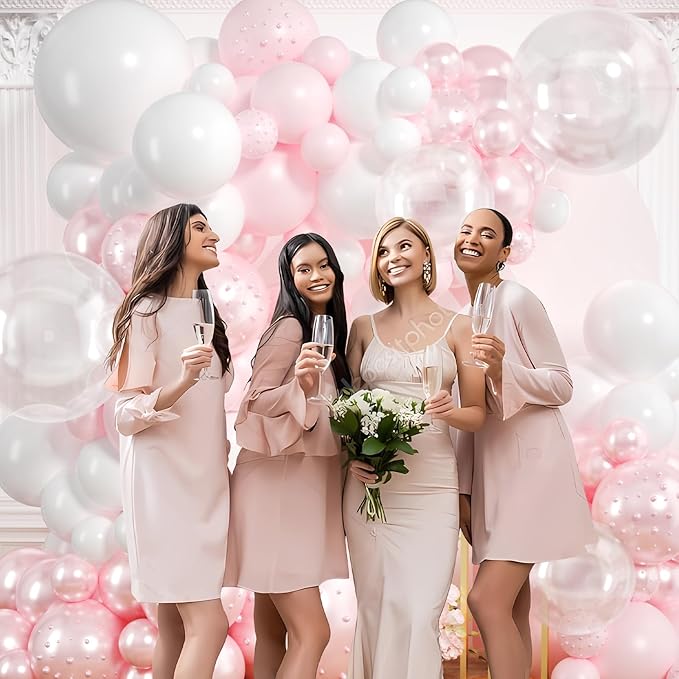 Pink Balloon Arch Kit 177Pcs Pink and White Balloon Arch Kit with Clear Double Stuffed Pearl Pink Balloons Pearl Stickers for Wedding Birthday Bridal Shower Engagement Baby Shower Party Decorations