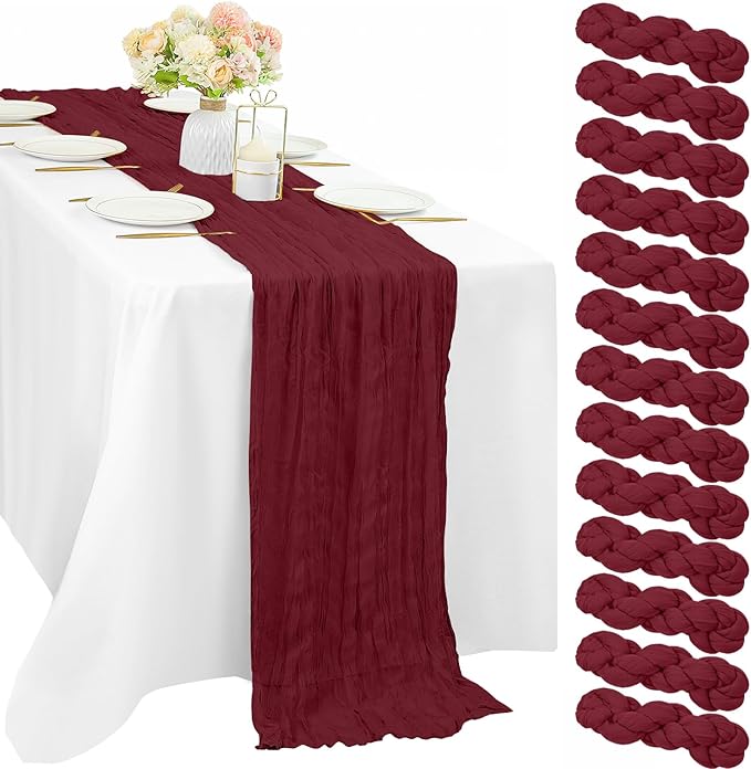 10FT 12 Pcs Burgundy Cheesecloth Table Runner Gauze Fabric Boho Cheese Cloth Table Runner Rustic Semi Sheer Runner for Wedding Holiday Bridal Shower Birthday Party Table Decor (35 x 120 Inches Long)