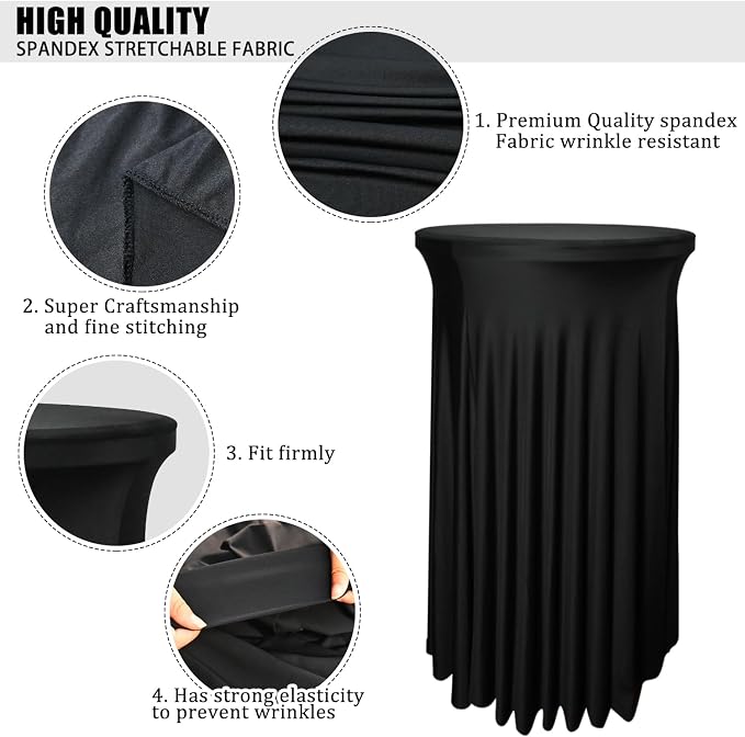 1 Pack 32"x43" Black Round Cocktail Table Skirt| Cocktail Spandex Tablecloth |Spandex Fitted High Top Table with Skirt|Stain 、Wrinkle Resistant、Washable for Bar Wedding Cocktail Party Banquet Table