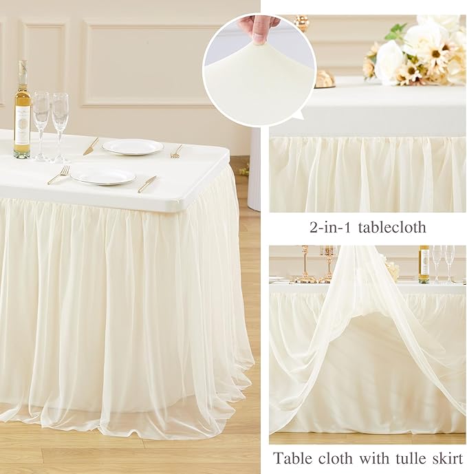 Ivory Fitted Tablecloth Rectangle 8 Foot Stretch Elastic Tulle Ruffle Tablecloths Rectangular Spandex Table Covers 8ft Birthday Baby Shower Party Wedding Table Cloths with Skirt 6Pack
