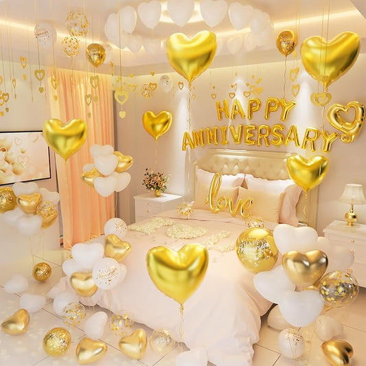 Gold and White Anniversary Party Decorations, Happy Anniversary Banner, Gold and White Heart Balloons, Love Foil Balloon, Heart Hanging String for Valentines Day Birthday Wedding