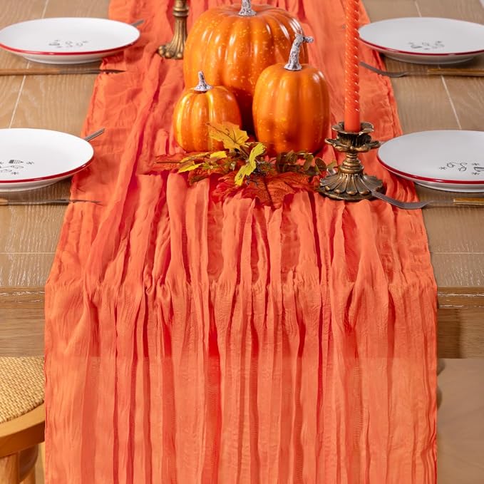 LINXTAR Orange Cheesecloth Table Runner 120 Inches 10Ft Gauze Summer Boho Table Runner for Wedding Tea Party Baby Shower Bridal Birthday Home Decoration