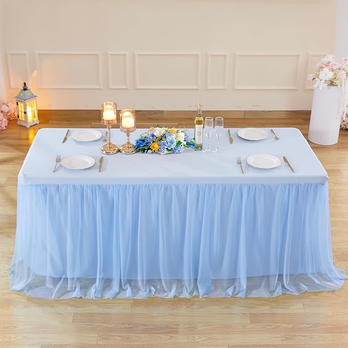 4 Pack 6ft Baby Blue Tulle Tablecloths for Rectangle Tables 72 x 30 Inch Rectangular Table Cloth Wrinkle Free Table Cover with Tutu Skirt for Baby Shower Birthday Party Banquet Buffet Cake Decorations