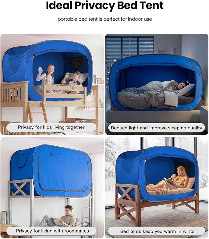 ANC POP Bed Tent Full Bed Canopy Portable Dream Tent for Adult Indoor Sleeping Tents with 2 Doors Breathable Private Space Tents, Blue