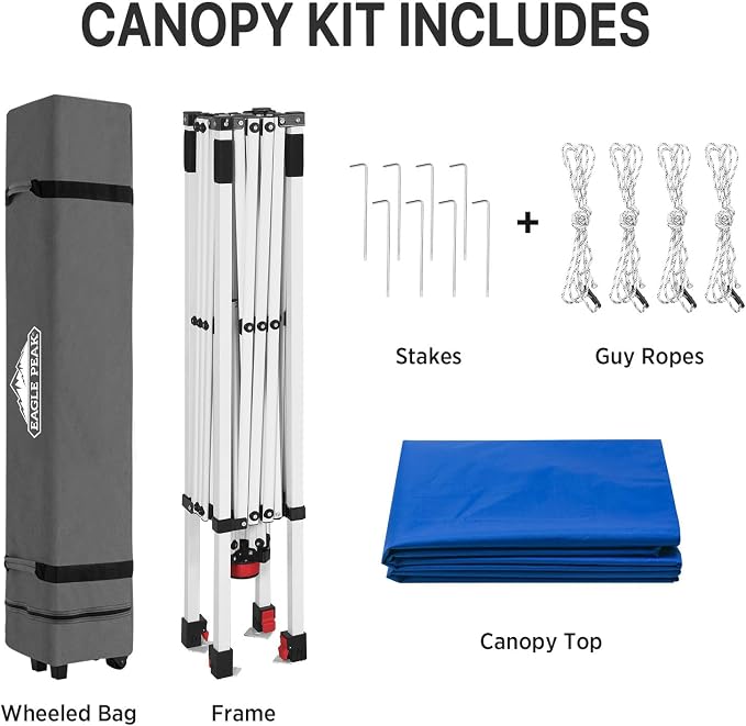 EAGLE PEAK Pop Up Canopy Tent with Wheeled Carry Bag, 8 Stakes, 4 Ropes, Easy Set Up Tent Canopy, 8x8 ft, Blue
