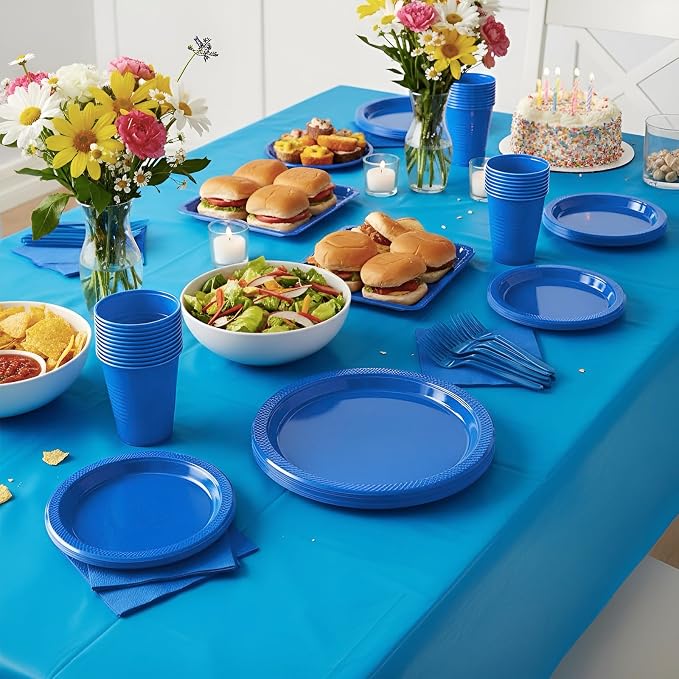 Blue Plastic Plates for Party,100 Guest Disposable Plastic Plate Set 9" Plates,7" Dessert Plates,Napkins,Cups,Forks & Tablecloth for Birthday,Graduation,Picnic,Summer Activities