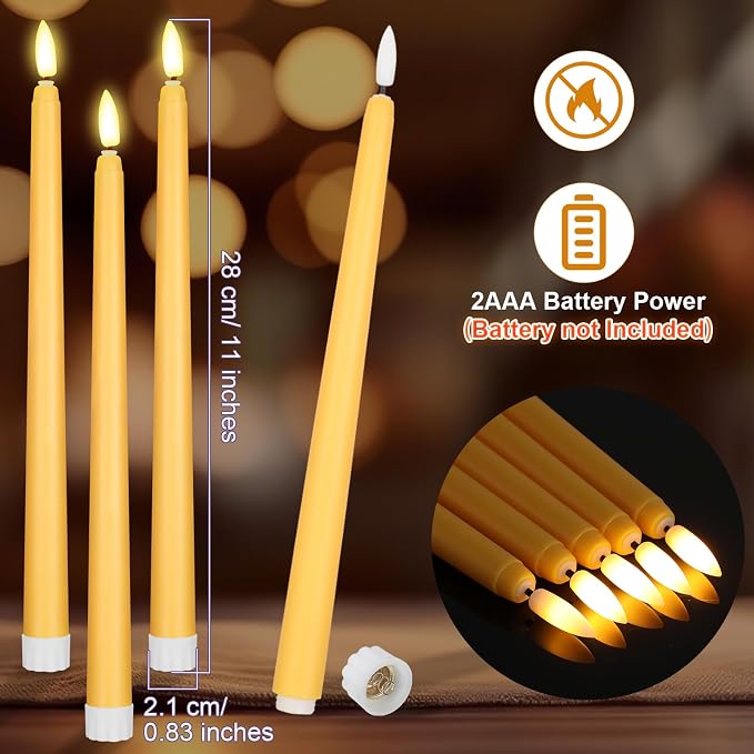 Macarrie 24 Packs Flameless Taper Candles Battery Operated Fake 11 Inch Long Candlelight LED Flameless Candlesticks Flickering Tapered for Summer Fall Wedding(Yellow)