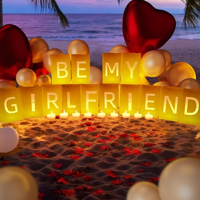 Be My Girlfriend Light Up Letters, Include Light up Letters, with Tea Lights Candles, Latex Balloons, Aluminum Balloons and Rose Petals, Anniversary and Valentines' Day Decorations for Women