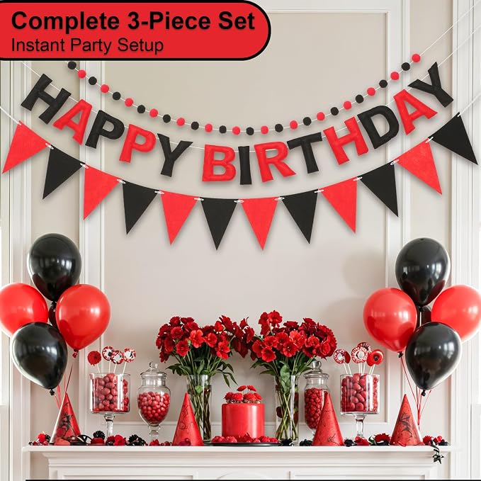 Pre-Strung Happy Birthday Banner & Felt Garland Set - Red & Black Birthday Decorations for Women Men Boys Girls | Reusable Party Supplies for Indoor & Outdoor