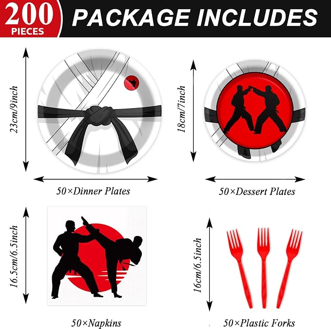 50 Guests Karate Party Supplies Karate Plates and Napkins Forks Disposable Tableware Set Paper Plates for Karates Theme Party 200PCS