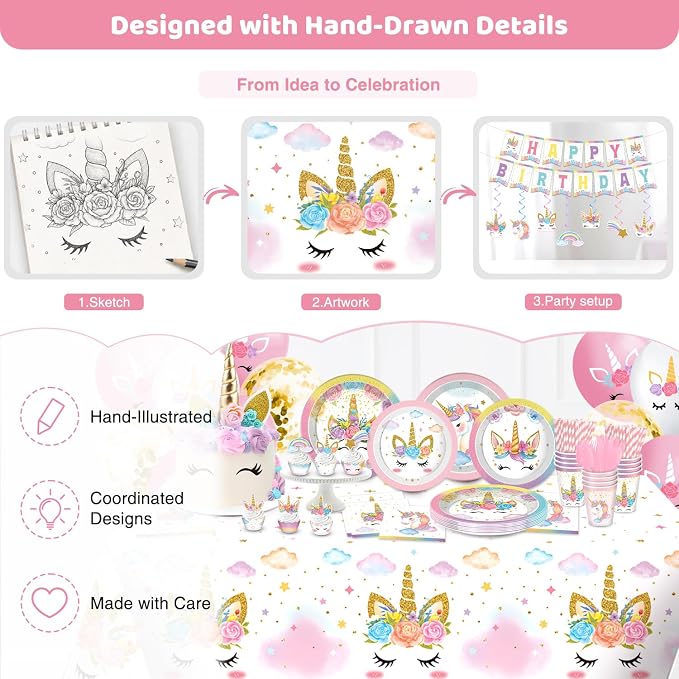 Unicorn Birthday Decorations, Unicorn Party Decorations, Rainbow Birthday Decor for Girls, Includes Plates, Cups, Napkins, Banner, Tablecloths, Balloons, Cupcake&Cake Topper serve 24 Guests