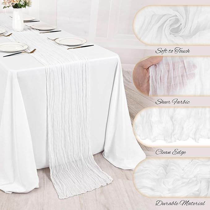 12 Pack White Cheesecloth Table Runner 10FT Boho Gauze Cheese Cloth Table Runner Rustic Sheer Fabric Table Runners for Wedding Bridal Shower Baby Shower Party(21.5×120 Inch)
