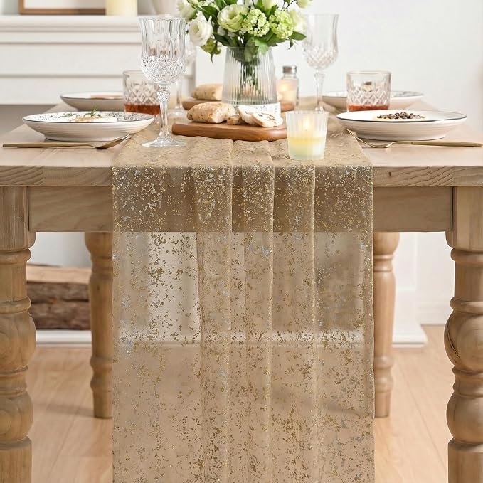 Artoid Mode 3PCCoffee Gold Gauze Table Runner 120 Inch 10FT, Glitter Metallic Foil Sheer Dining Wedding Anniversary Holiday Birthday Table Decor for Home Party