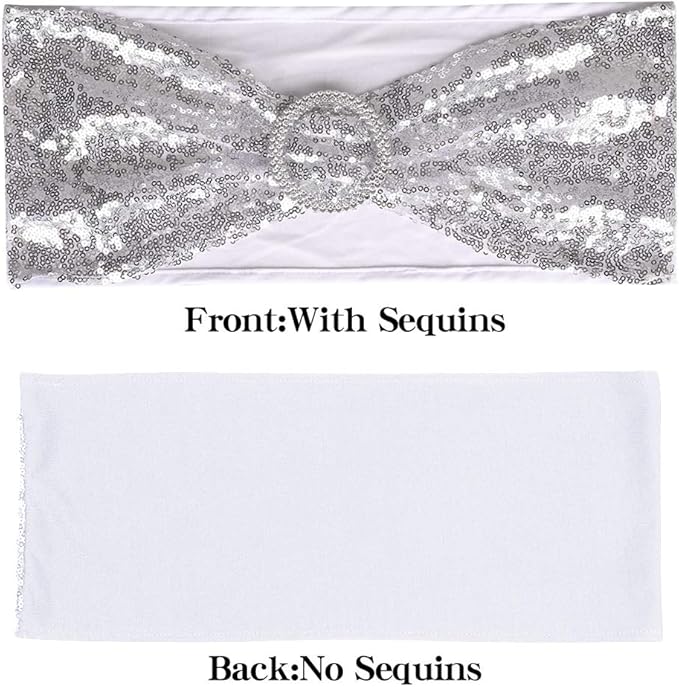 Pack of 50 Chair Sashes Sequin Stretchy Spandex Bands Decorative Bows One-Sided Sequins Decor for Romantic Wedding Party Home Chair Cover Sash Decorations - Silver
