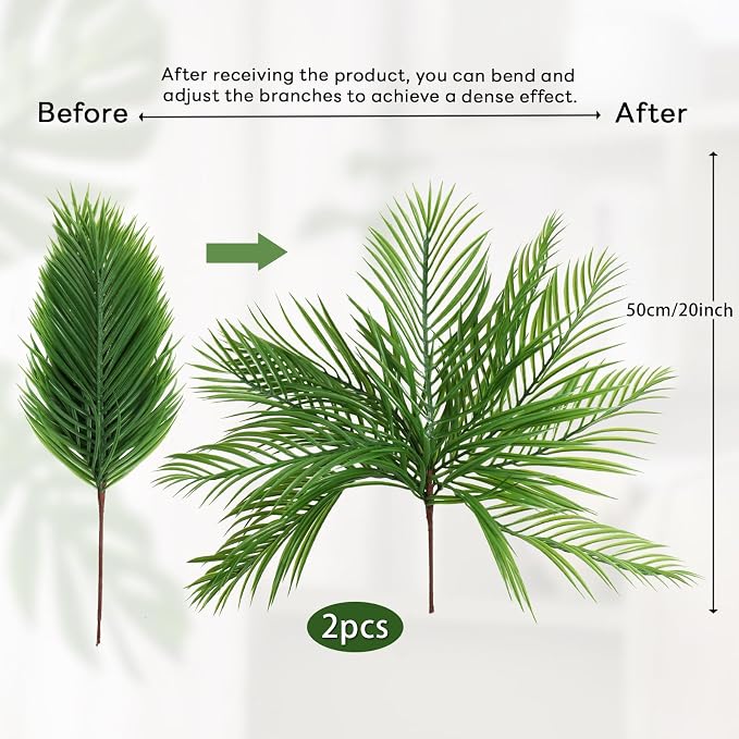 RECUTMS Artificial Palm Plant 2Pcs Fake Tropical Greenery Areca Palm Leaves Bush 20Inches Monstera Leaf Tree Branches for Home Office Garden Jungle Hawaiian Beach Party Outdoor Indoor Decor