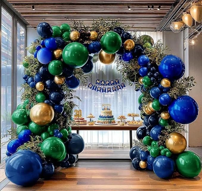 Dark Green Blue Balloon Garland, Double Stuffed Navy Royal Blue Emerald Green Gold Balloon Arch Kit for Birthday Graduation Wedding Anniversary Bear Baby Shower Father‘s Day Party Decoration