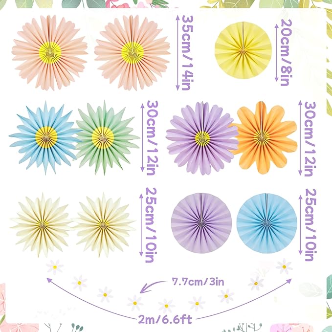 PAPER JAZZ 12pcs Pastel Paper Flower Decorations - Daisy Paper Fan Backdrop for Birthday Party, Baby Shower, Wedding, Spring & Summer Events,Spring Hanging Flower for Classroom Garden