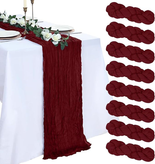 8 Pack Burgundy Cheesecloth Table Runner 10ft Boho Gauze Fabric 120 Inch Cheese Cloth Table Runner Rustic Sheer for Holiday Baby Shower Party Décor Home Wedding Decoration