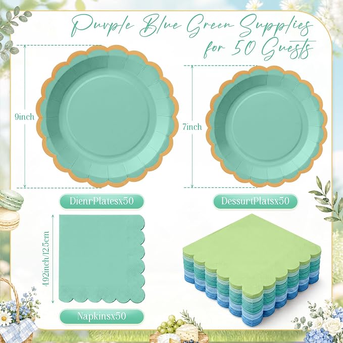 Zhehao 150 Pcs Blue and Green Plates and Napkins Tableware Serves 50 Includes 9 Inch 7 Inch Teal Scalloped Paper Plate and Napkins for Summer Ocean Sea Wedding Birthday Baby Shower Party