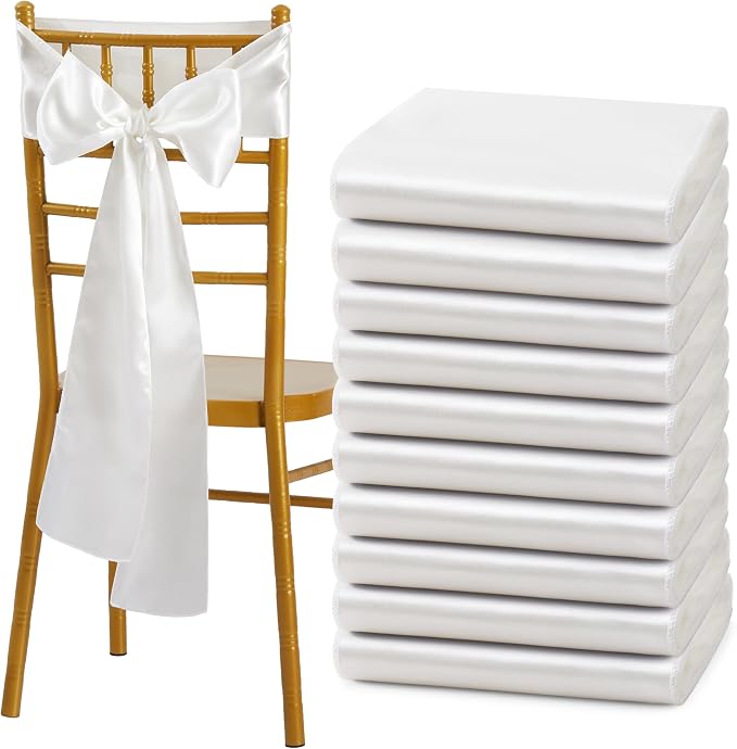 10 Pcs Off White Satin Chair Sashes Bows Universal Chair Cover for Wedding Reception Events Banquets Party, Hotel Event Decorations, 6 x 108 inch
