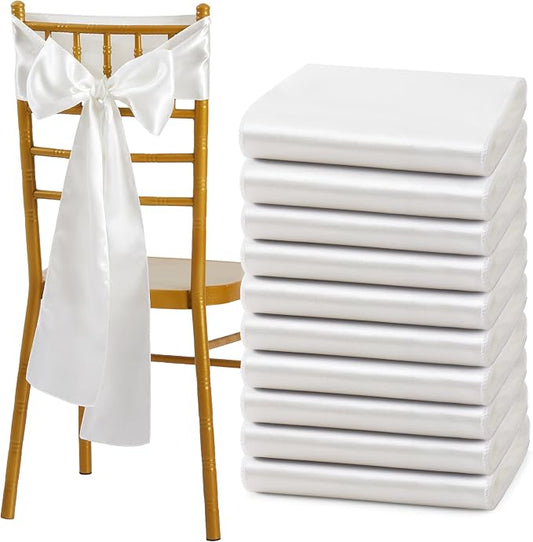 10 Pcs Off White Satin Chair Sashes Bows Universal Chair Cover for Wedding Reception Events Banquets Party, Hotel Event Decorations, 6 x 108 inch