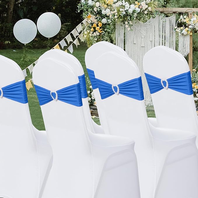 Howhic Pack of 120 Spandex Chair Sashes Bows Stretch Chair Cover Band with Buckle Slider Universal Elastic Chair Ties for Wedding Banquet Party Event Decoration (Royal Blue)