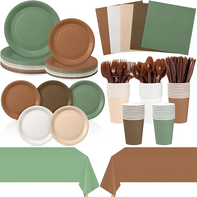 Mimorou 177 Pcs Woodland Plates and Napkins Set Serves 25 Guests Gradient Green and Brown Tablecloth Plates Cup and Napkins Tableware for Forest Animal Birthday Wedding Baby Shower Party Supplies